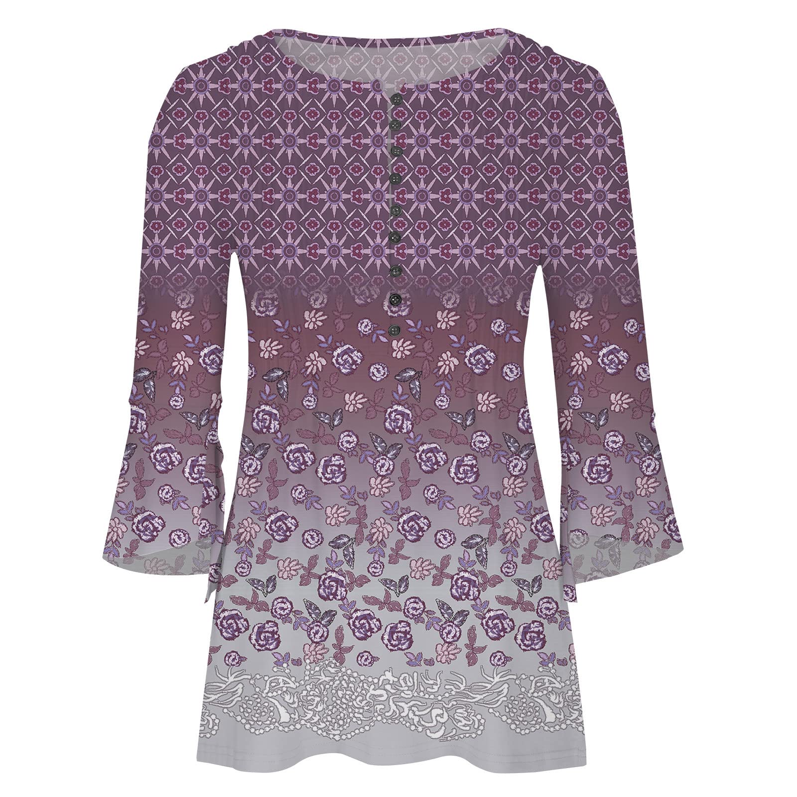 Summer Tops for Women 2026 Trendy Boho Floral Print Tunic Shirts 3/4 Bell Sleeve Button v Neck Tshirt Casual Loose Blouse