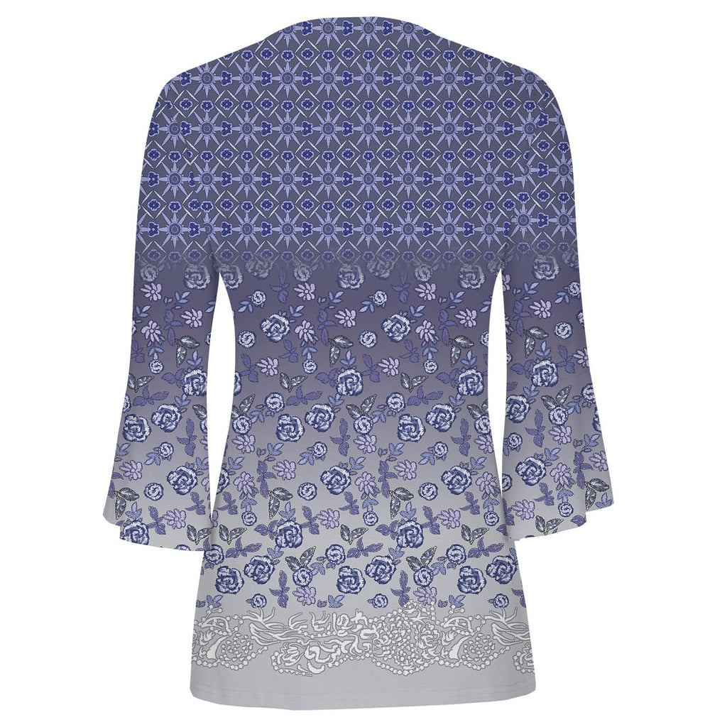 Summer Tops for Women 2026 Trendy Boho Floral Print Tunic Shirts 3/4 Bell Sleeve Button v Neck Tshirt Casual Loose Blouse