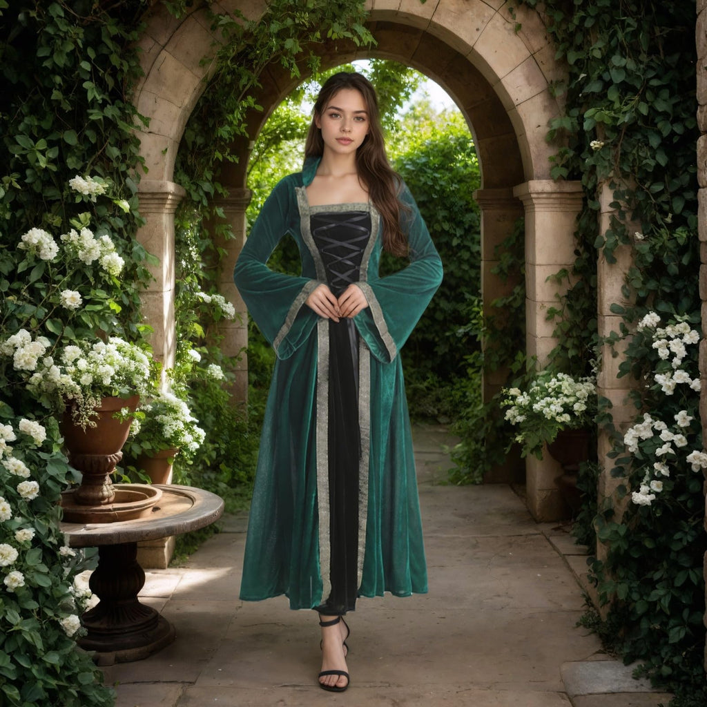 Colorful House Women Medieval Tea Party Dress Victorian Era Bubble Sleeves Velvet High Waist Long Dress with Belt and Gloves