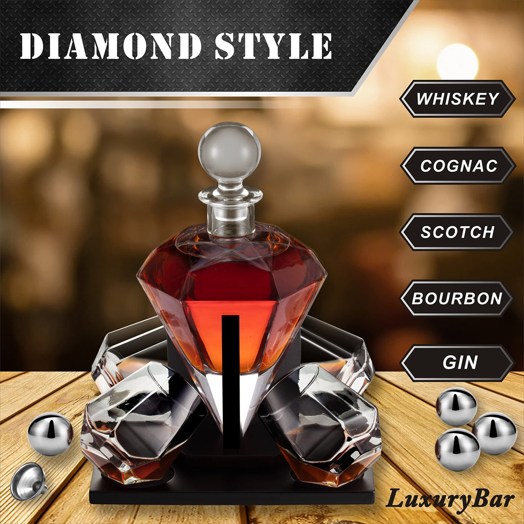 Diamond Whiskey Decanter Sets for Men with ChillBall &Tray,Whiskey Decanter Set Liquor Dispenser Bourbon Decanter Whiskey Set Gifts for Men