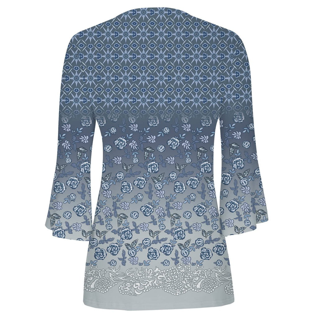 Summer Tops for Women 2026 Trendy Boho Floral Print Tunic Shirts 3/4 Bell Sleeve Button v Neck Tshirt Casual Loose Blouse