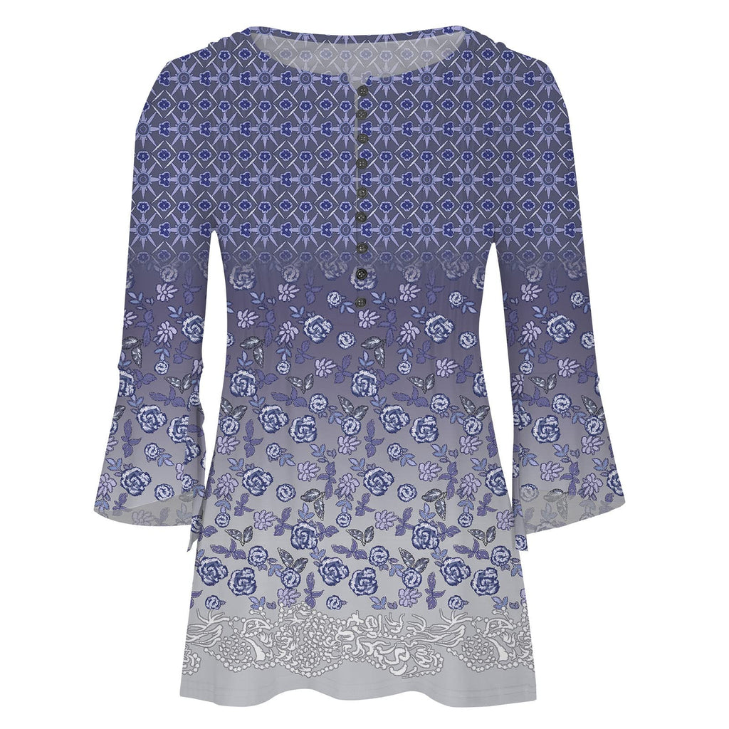 Summer Tops for Women 2026 Trendy Boho Floral Print Tunic Shirts 3/4 Bell Sleeve Button v Neck Tshirt Casual Loose Blouse