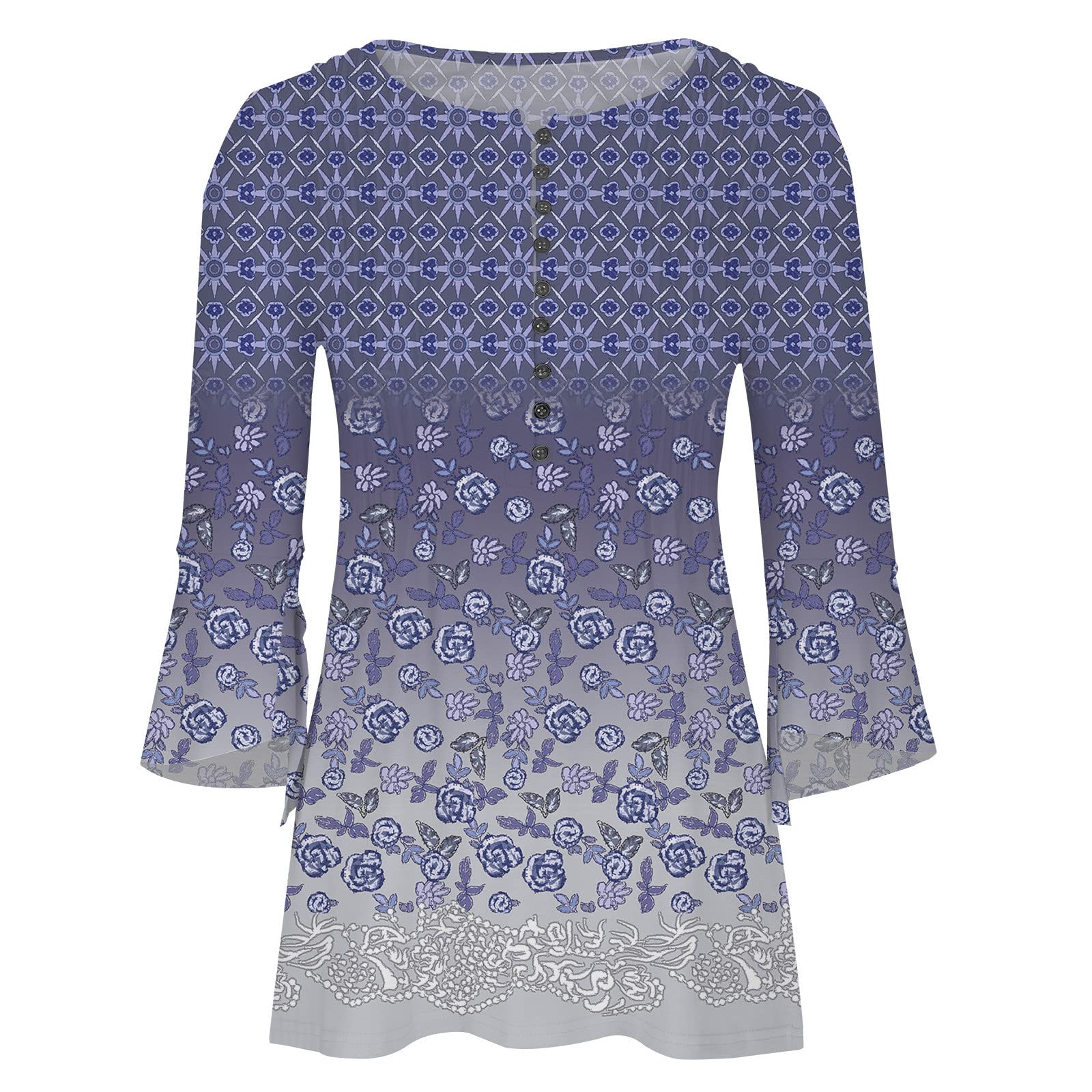 Summer Tops for Women 2026 Trendy Boho Floral Print Tunic Shirts 3/4 Bell Sleeve Button v Neck Tshirt Casual Loose Blouse