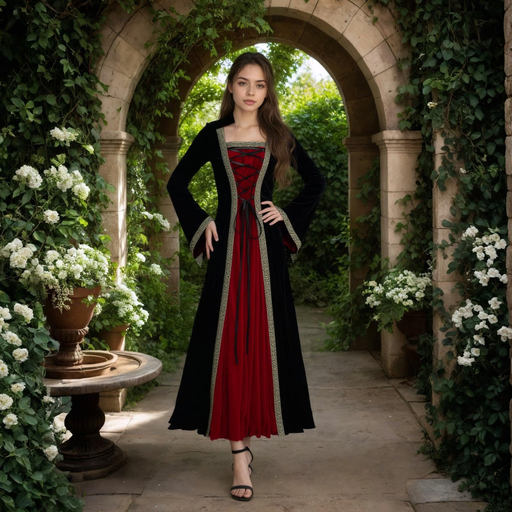 Colorful House Women Medieval Tea Party Dress Victorian Era Bubble Sleeves Velvet High Waist Long Dress with Belt and Gloves
