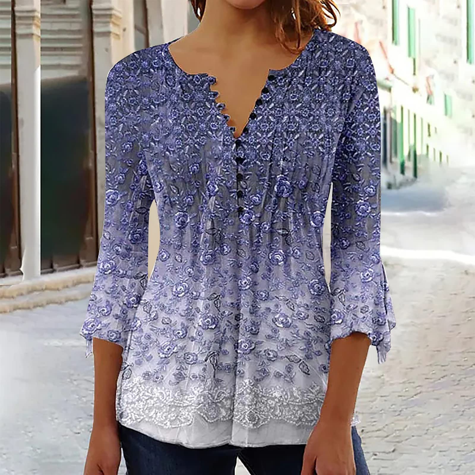 Summer Tops for Women 2026 Trendy Boho Floral Print Tunic Shirts 3/4 Bell Sleeve Button v Neck Tshirt Casual Loose Blouse