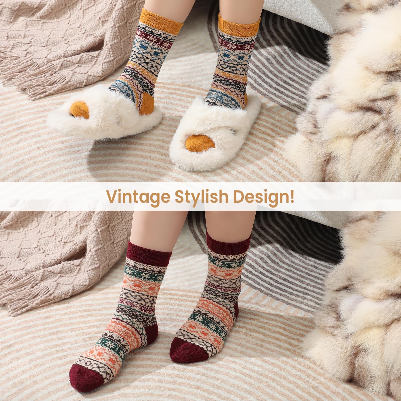 Clothirily Wool Socks for Women, Vintage Womens Wool Socks, Winter Warm Boot Sock for Women Men, Thick Winter Cozy Sock