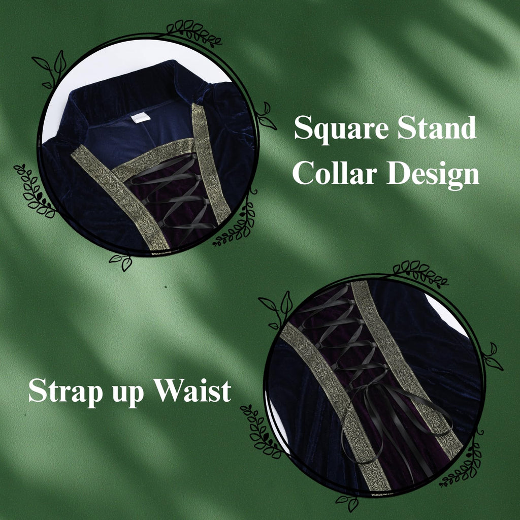 Colorful House Women Medieval Tea Party Dress Victorian Era Bubble Sleeves Velvet High Waist Long Dress with Belt and Gloves