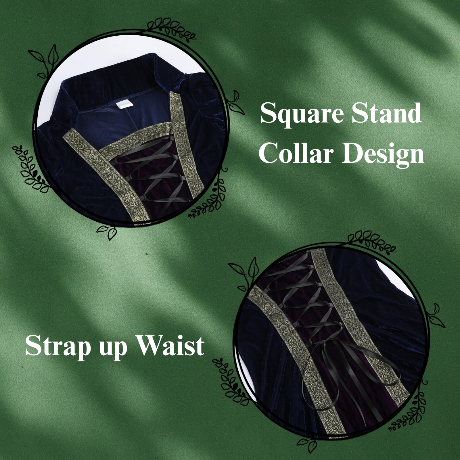 Colorful House Women Medieval Tea Party Dress Victorian Era Bubble Sleeves Velvet High Waist Long Dress with Belt and Gloves