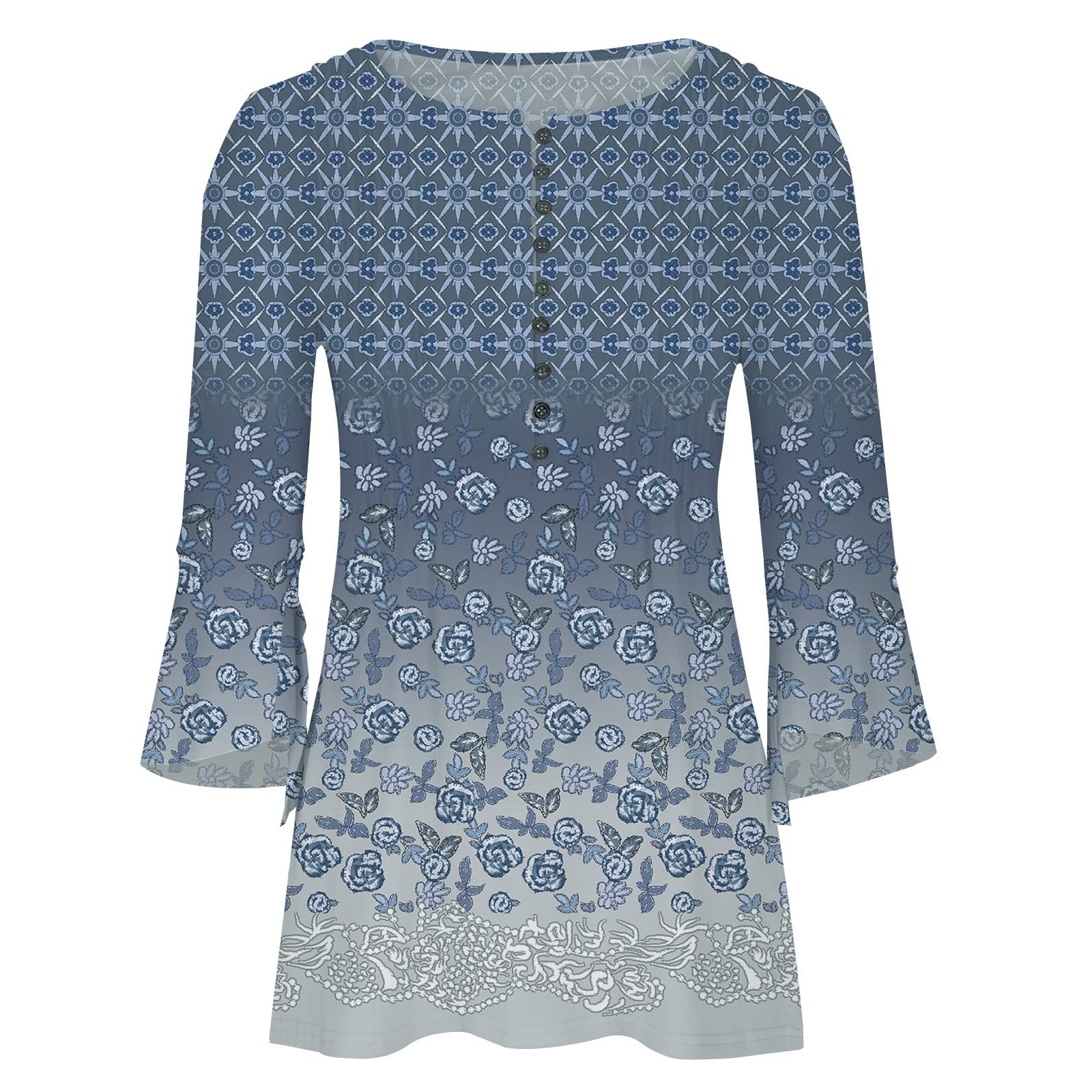 Summer Tops for Women 2026 Trendy Boho Floral Print Tunic Shirts 3/4 Bell Sleeve Button v Neck Tshirt Casual Loose Blouse