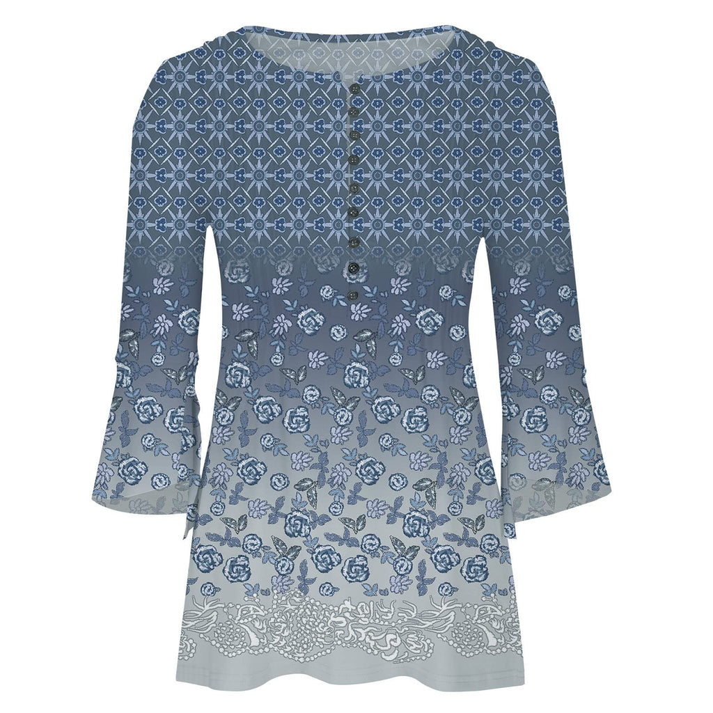 Summer Tops for Women 2026 Trendy Boho Floral Print Tunic Shirts 3/4 Bell Sleeve Button v Neck Tshirt Casual Loose Blouse