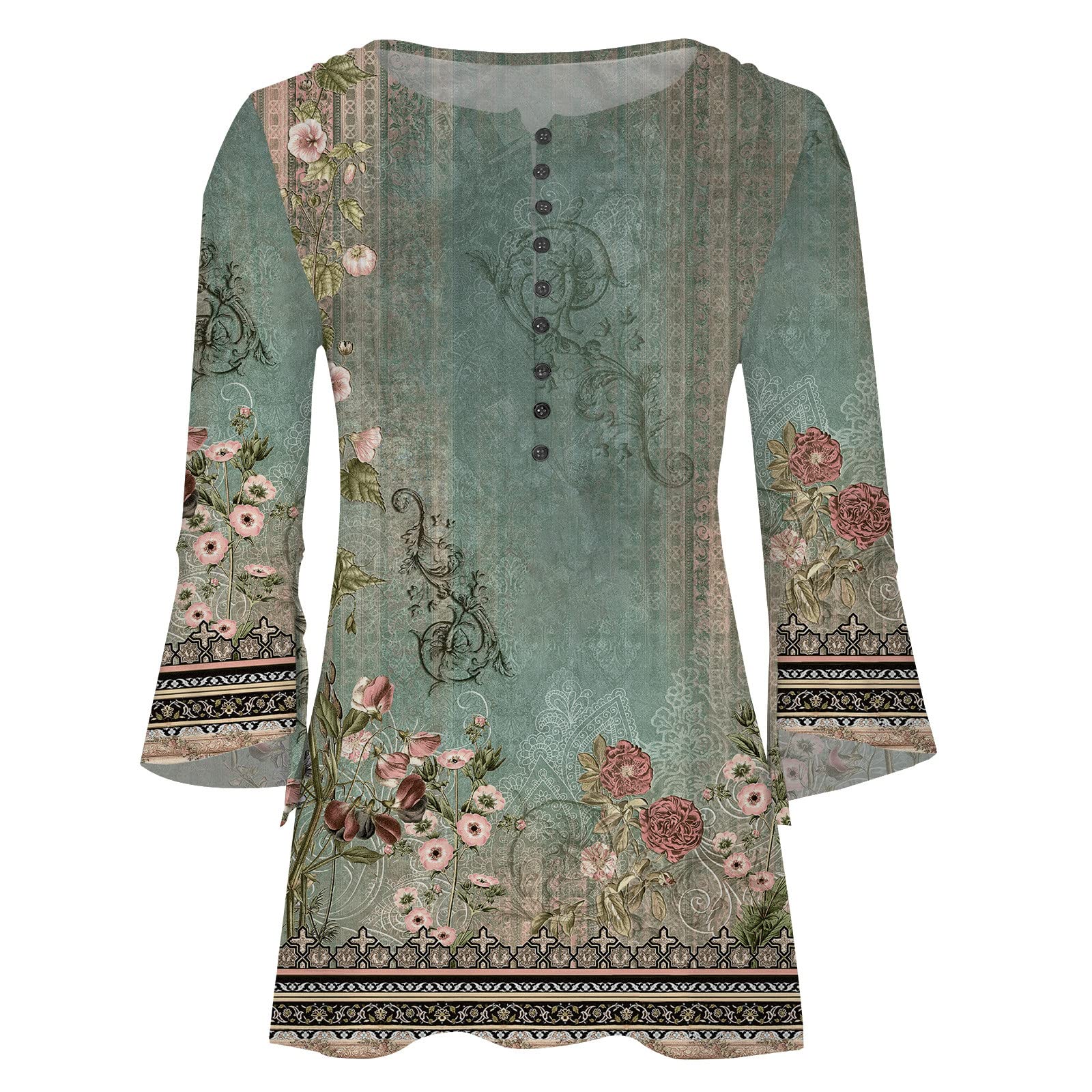 Summer Tops for Women 2026 Trendy Boho Floral Print Tunic Shirts 3/4 Bell Sleeve Button v Neck Tshirt Casual Loose Blouse