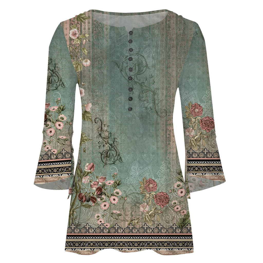 Summer Tops for Women 2026 Trendy Boho Floral Print Tunic Shirts 3/4 Bell Sleeve Button v Neck Tshirt Casual Loose Blouse