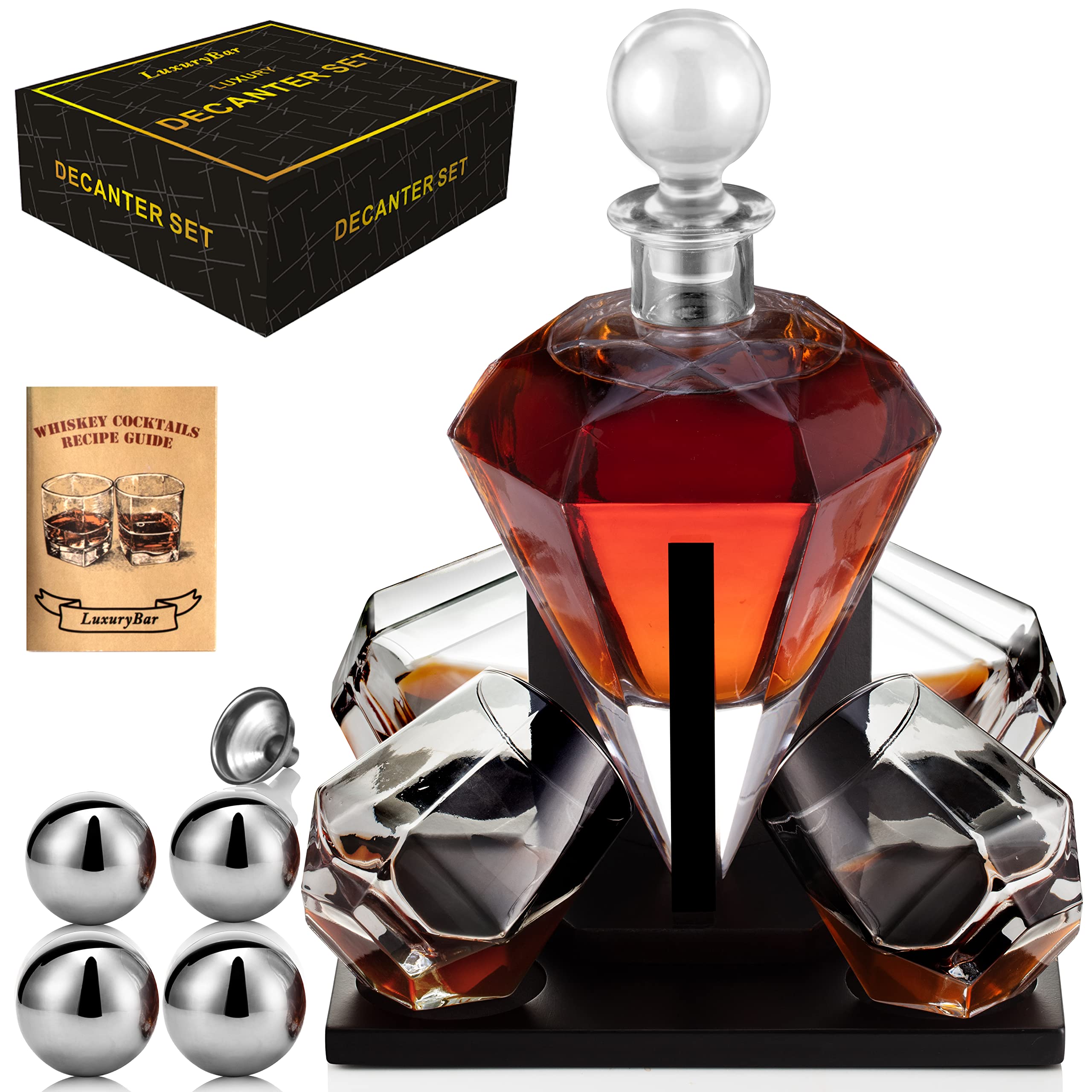 Diamond Whiskey Decanter Sets for Men with ChillBall &Tray,Whiskey Decanter Set Liquor Dispenser Bourbon Decanter Whiskey Set Gifts for Men