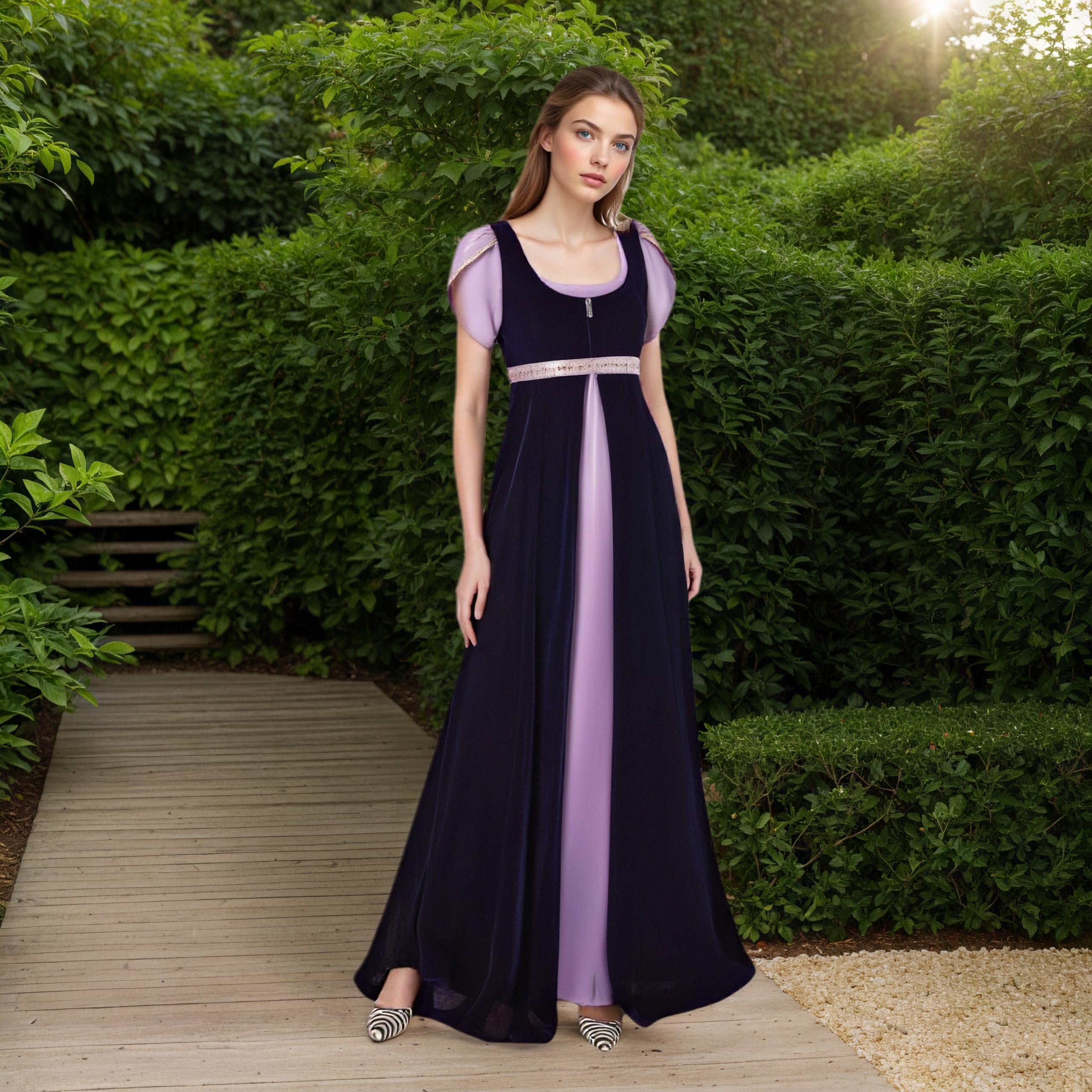 Colorful House Women Medieval Tea Party Dress Victorian Era Bubble Sleeves Velvet High Waist Long Dress with Belt and Gloves