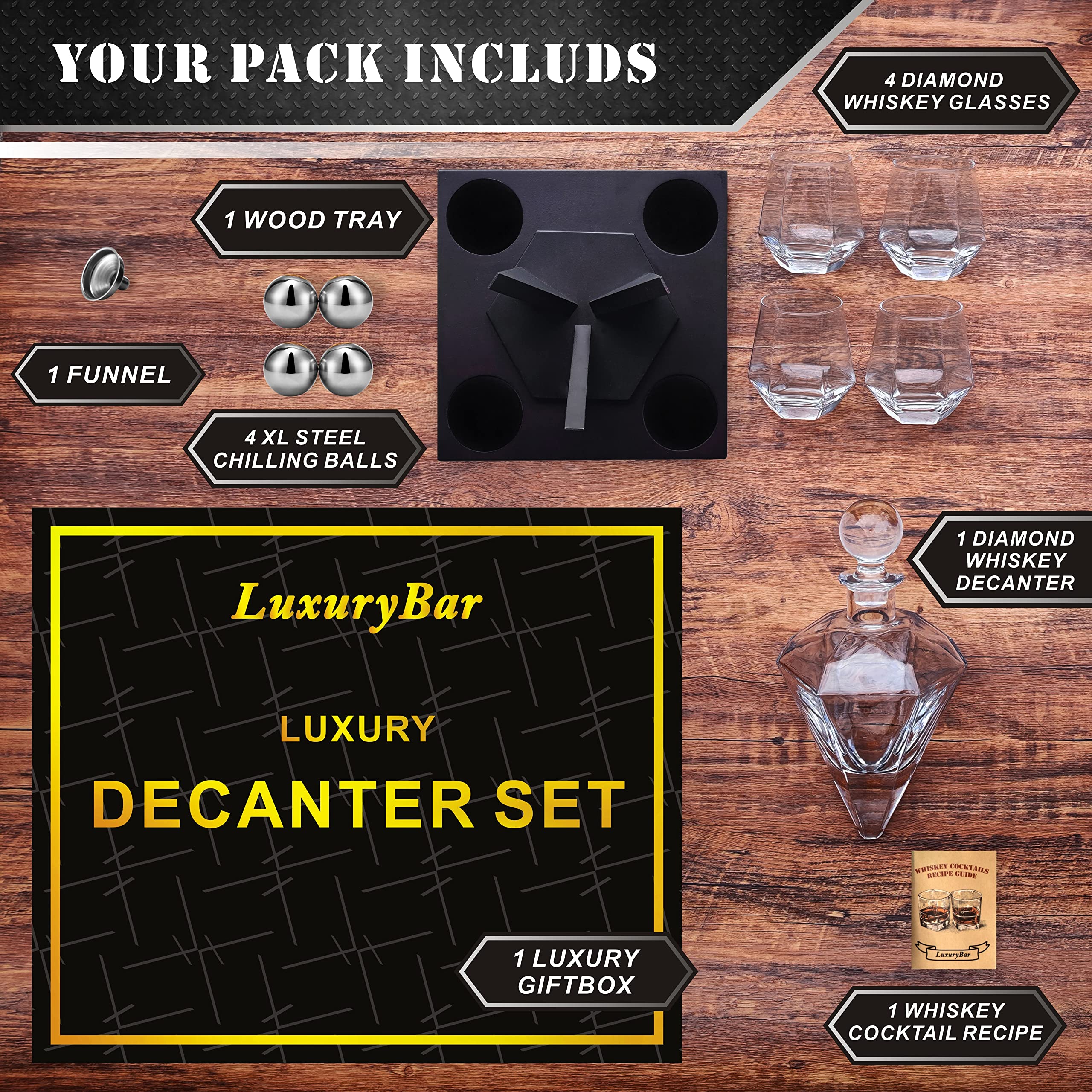 Diamond Whiskey Decanter Sets for Men with ChillBall &Tray,Whiskey Decanter Set Liquor Dispenser Bourbon Decanter Whiskey Set Gifts for Men