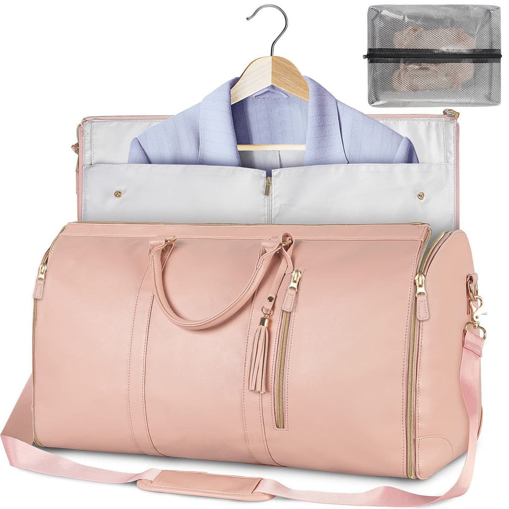NNEDSZ Pink Convertible Garment Duffel Bag with Leather Accents - Travel Weekender Bag for Suits and Dresses