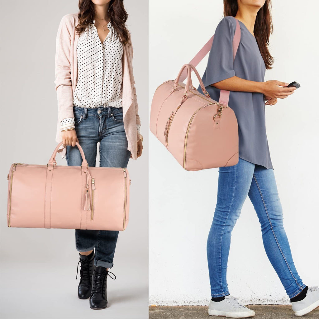 NNEDSZ Pink Convertible Garment Duffel Bag with Leather Accents - Travel Weekender Bag for Suits and Dresses