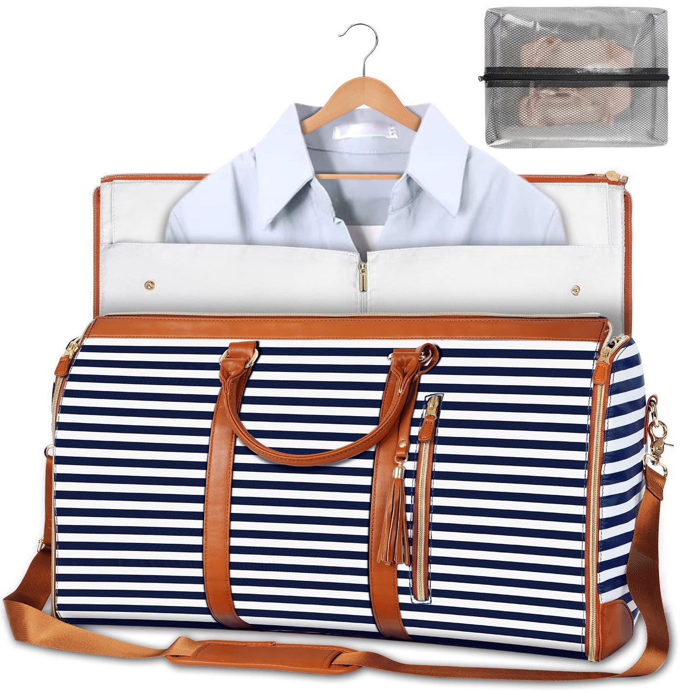 NNEDSZ Blue Stripe Convertible Garment Duffel Bag with Leather Accents - Travel Weekender Bag for Suits and Dresses