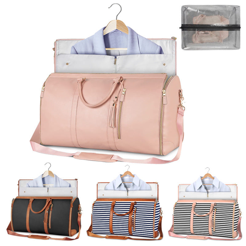NNEDSZ Blue Stripe Convertible Garment Duffel Bag with Leather Accents - Travel Weekender Bag for Suits and Dresses