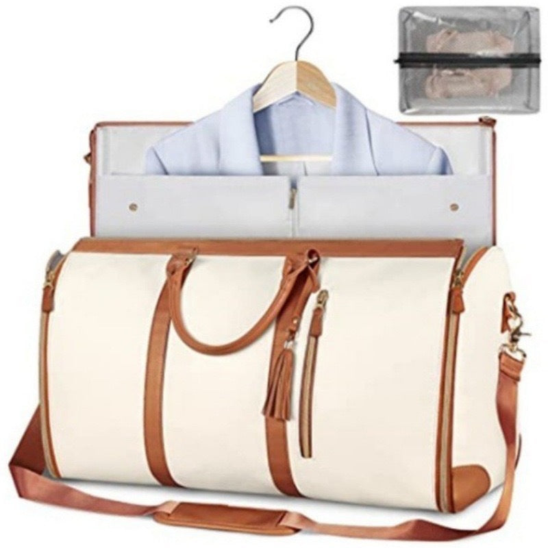 NNEDSZ Beige Convertible Garment Duffel Bag with Leather Accents - Travel Weekender Bag for Suits and Dresses