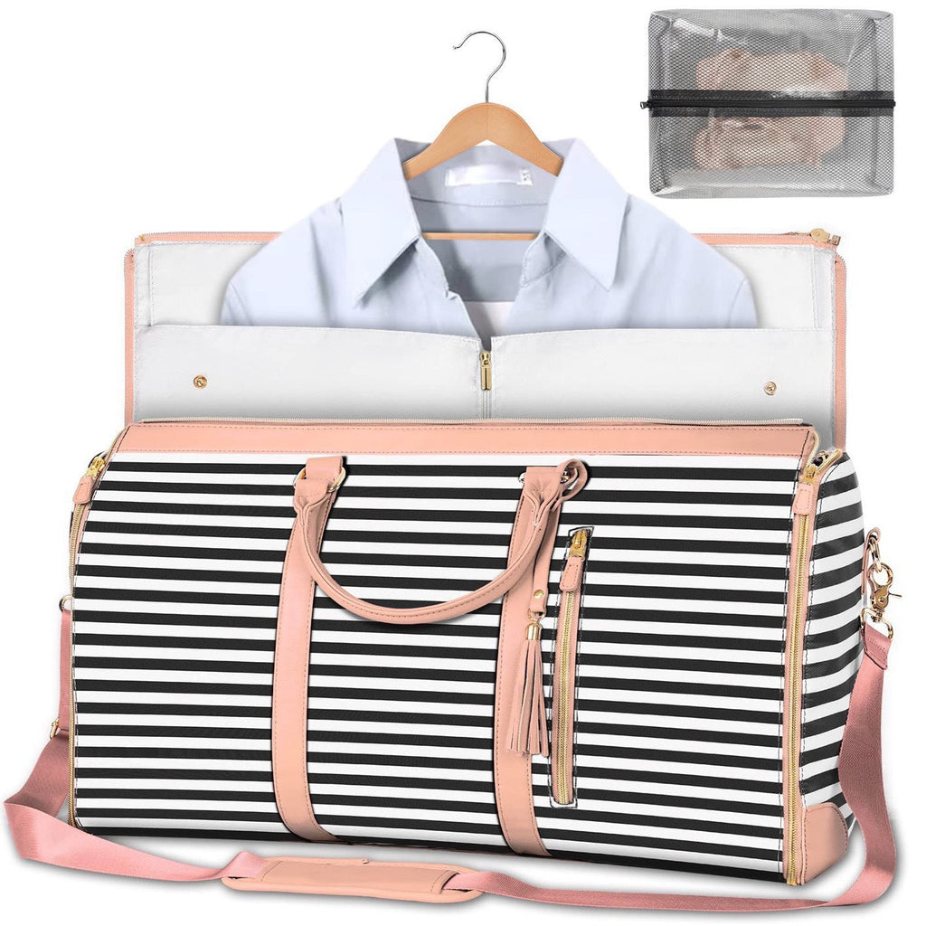 NNEDSZ Black Stripe Convertible Garment Duffel Bag with Leather Accents - Travel Weekender Bag for Suits and Dresses