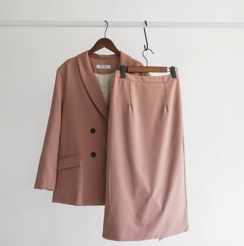 Women Blazer Suits Doule Breasted Pink Blazer High Waist Skirt Office Lady Sets